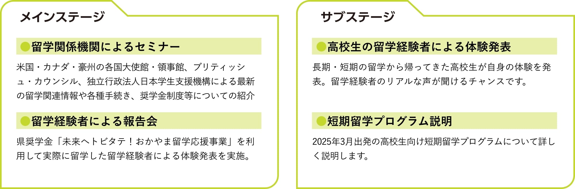 メインステージ 留学関係機関によるセミナー 留学経験者による報告会 サブステージ 高校生の留学経験者による体験発表 短期留学プログラム説明